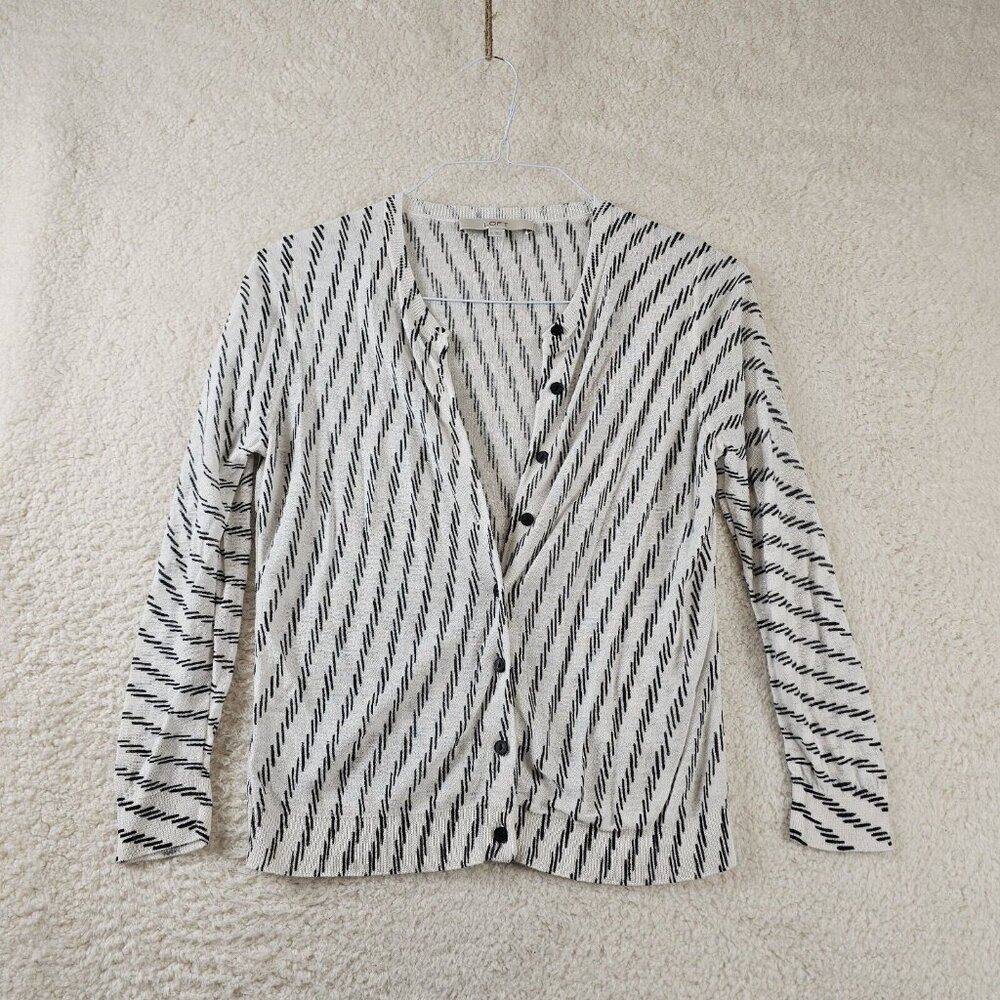 Ann Taylor Loft Cardigan Women's Medium White Blue Stripe Business Work Wear